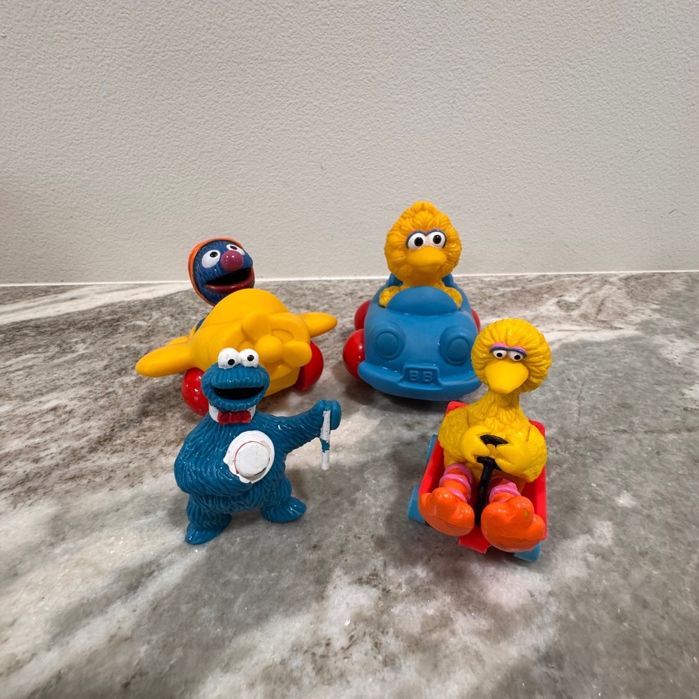 Vintage Sesame Street Illco Toy Lot Grover Airplane Big Bird Car Cookie Monster